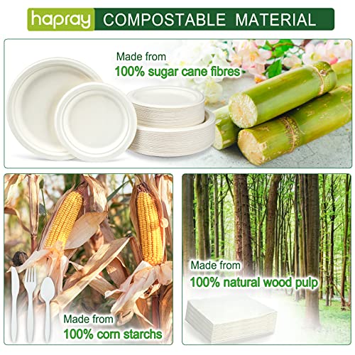 hapray 300PCS Compostable Paper Plates Set, Biodegradable Heavy Duty Plates and Utensils, Eco Friendly Disposable Cutlery, Dinnerware for Party Camping Picnic Made of Plant Fibers from huoying