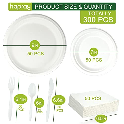 hapray 300PCS Compostable Paper Plates Set, Biodegradable Heavy Duty Plates and Utensils, Eco Friendly Disposable Cutlery, Dinnerware for Party Camping Picnic Made of Plant Fibers from huoying