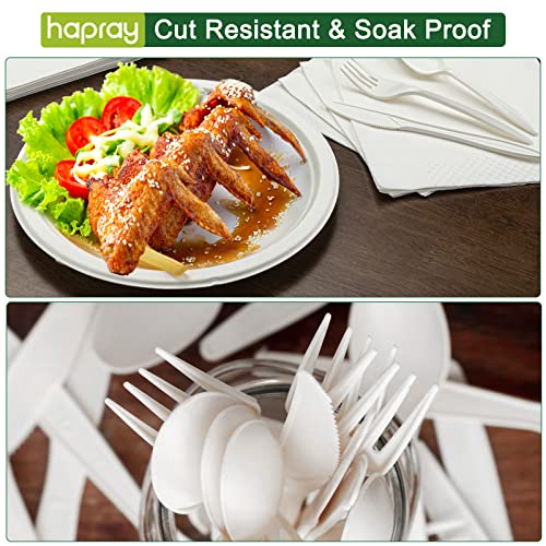 hapray 300PCS Compostable Paper Plates Set, Biodegradable Heavy Duty Plates and Utensils, Eco Friendly Disposable Cutlery, Dinnerware for Party Camping Picnic Made of Plant Fibers from huoying