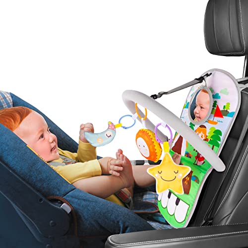 UNIH Car Seat Toys for Baby Infant 6 Months and Up, Carseat Toys Adjustable with Baby Mirror and Hanging Squeaky Sensory Soft Baby Toys 6 to 12 Months (No Music) from UNIH