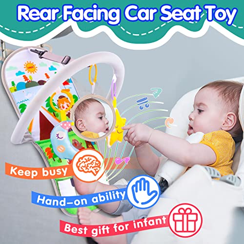 UNIH Car Seat Toys for Baby Infant 6 Months and Up, Carseat Toys Adjustable with Baby Mirror and Hanging Squeaky Sensory Soft Baby Toys 6 to 12 Months (No Music) from UNIH