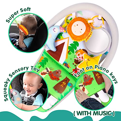 UNIH Car Seat Toys for Baby Infant 6 Months and Up, Carseat Toys Adjustable with Baby Mirror and Hanging Squeaky Sensory Soft Baby Toys 6 to 12 Months (No Music) from UNIH