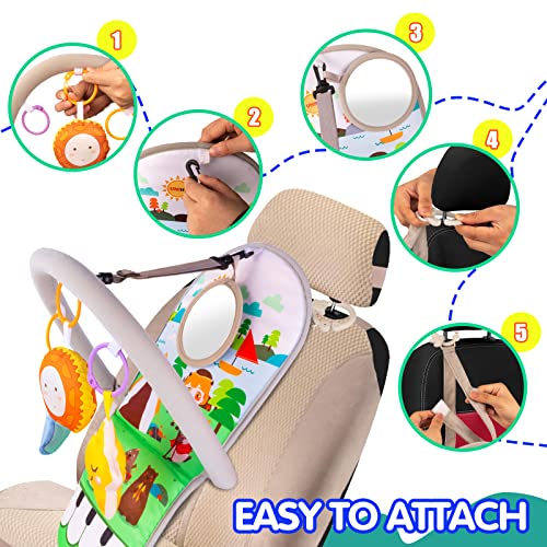 UNIH Car Seat Toys for Baby Infant 6 Months and Up, Carseat Toys Adjustable with Baby Mirror and Hanging Squeaky Sensory Soft Baby Toys 6 to 12 Months (No Music) from UNIH