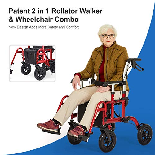 Health Line Massage Products Safety 2 in 1 Rollator-Transport Chair, with 10 Inch Big Wheels, Adjustable Paded Armrest and Safety Belt, Mobility Rolling Walker for Senior, Elderly & Handicap, Red from ML