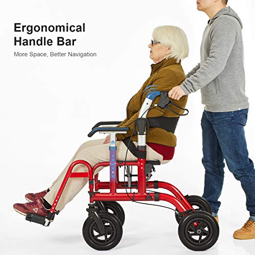 Health Line Massage Products Safety 2 in 1 Rollator-Transport Chair, with 10 Inch Big Wheels, Adjustable Paded Armrest and Safety Belt, Mobility Rolling Walker for Senior, Elderly & Handicap, Red from ML