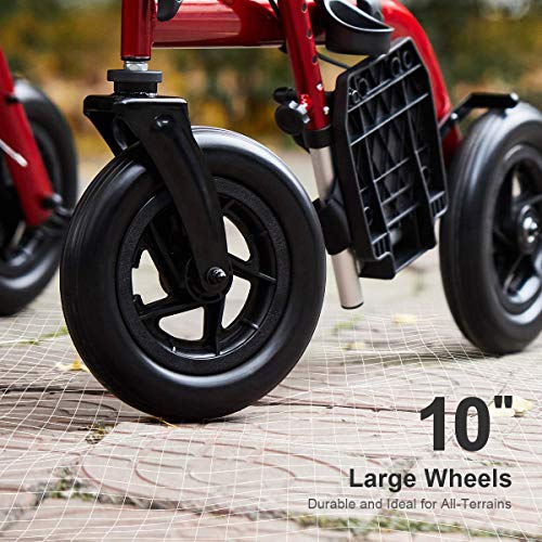 Health Line Massage Products Safety 2 in 1 Rollator-Transport Chair, with 10 Inch Big Wheels, Adjustable Paded Armrest and Safety Belt, Mobility Rolling Walker for Senior, Elderly & Handicap, Red from ML