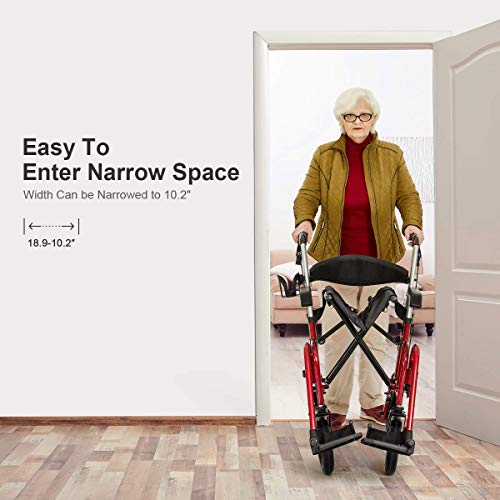 Health Line Massage Products Safety 2 in 1 Rollator-Transport Chair, with 10 Inch Big Wheels, Adjustable Paded Armrest and Safety Belt, Mobility Rolling Walker for Senior, Elderly & Handicap, Red from ML