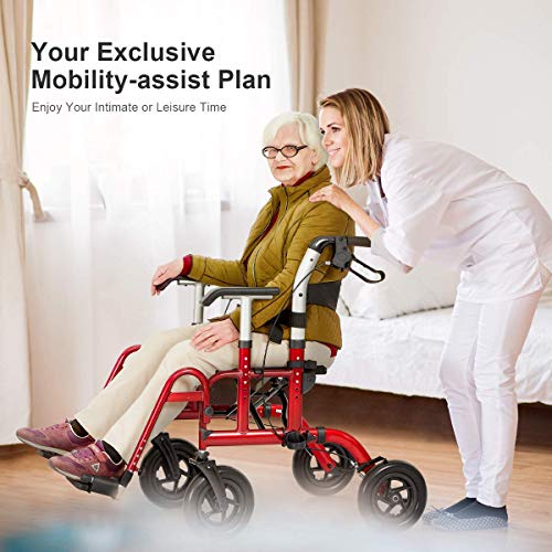 Health Line Massage Products Safety 2 in 1 Rollator-Transport Chair, with 10 Inch Big Wheels, Adjustable Paded Armrest and Safety Belt, Mobility Rolling Walker for Senior, Elderly & Handicap, Red from ML
