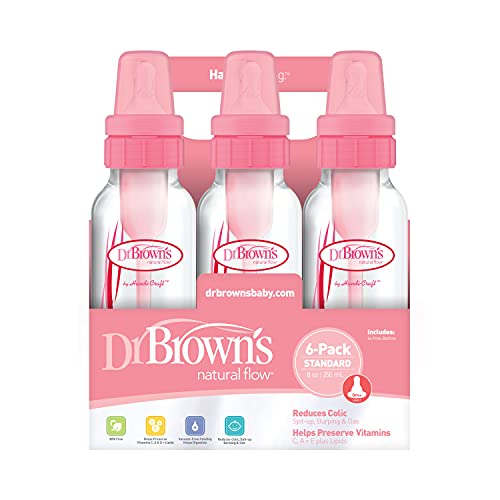 DR Browns Natural Flow Feeding Bottle 6PK Clear with Pink Print - 250ML(8OZ) (Standard) by Dr. Brown's