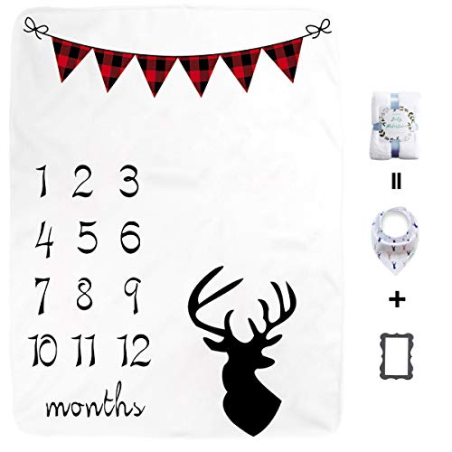 Large Plaid Banner Baby Monthly Milestone Baby Blanket for Girl Boy, Large Personalized Photography Background Blankets, Thick Fleece for Mom Newborn Baby Shower Gifts + Bib + Frame(Deer Themed) by Kute 'n' Koo