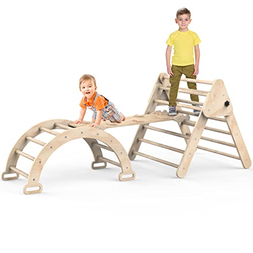 Pikler Triangle, Foldable Climbing Triangle Ladder with Ramp for Sliding/Climbing, Montessori Toys, Set of 3 Wooden Safety Sturdy Kids Play Gym Indoor Outdoor, Suitable for Toddlers (Burlywood) by Baoniu