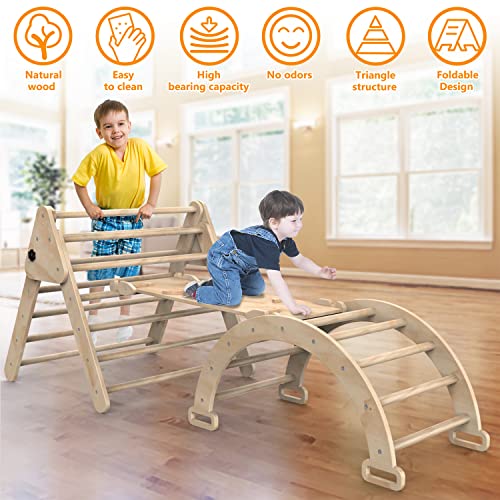 Pikler Triangle, Foldable Climbing Triangle Ladder with Ramp for Sliding/Climbing, Montessori Toys, Set of 3 Wooden Safety Sturdy Kids Play Gym Indoor Outdoor, Suitable for Toddlers (Burlywood) by Baoniu