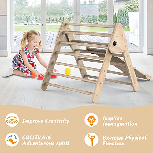 Pikler Triangle, Foldable Climbing Triangle Ladder with Ramp for Sliding/Climbing, Montessori Toys, Set of 3 Wooden Safety Sturdy Kids Play Gym Indoor Outdoor, Suitable for Toddlers (Burlywood) by Baoniu