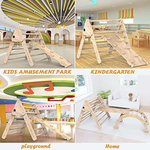 Pikler Triangle, Foldable Climbing Triangle Ladder with Ramp for Sliding/Climbing, Montessori Toys, Set of 3 Wooden Safety Sturdy Kids Play Gym Indoor Outdoor, Suitable for Toddlers (Burlywood) by Baoniu