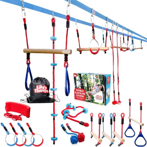 Lily's Things Double Ninja Slackline Obstacle Course for Kids - 110 Foot Line - Monkey Bars Playground Equipment - Ninja Warrior Obstacle Course for Kids - Patented Double Line Design (Deluxe) by Lillian Imports LLC
