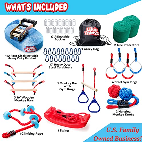 Lily's Things Double Ninja Slackline Obstacle Course for Kids - 110 Foot Line - Monkey Bars Playground Equipment - Ninja Warrior Obstacle Course for Kids - Patented Double Line Design (Deluxe) by Lillian Imports LLC