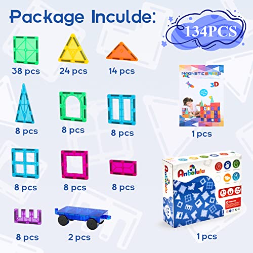 Anbalulu Magnetic Building Tiles, 134PCS Large Magnet Building Set,Magnetic Blocks, 3D STEM Stacking Toys, Magnets Toy for Kids Boys Girls by ANBALULU