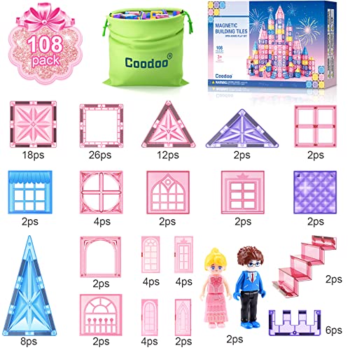 108PCS Magnetic Tiles Princess Toys for Girls Boys-STEM Kids Toys Magnetic Blocks Doll House Building Toys for Kids, Sensory Toddler Toys for 3+ Year Old Girls and Boys, Toddler Girls Toys Age 6-8 by Coodoo