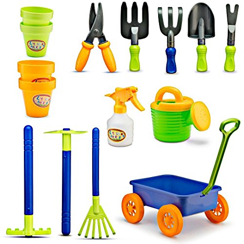 Dimple Garden Wagon & Tools Toy Set Premium 15Piece Gardening Tools & Wagon Toy Set â Sturdy & Durable - Top Yd, Beach, Sand, Garden Toy - Great for Kids & Toddlers (Garden Toy Set), Green (Single) by Dimple