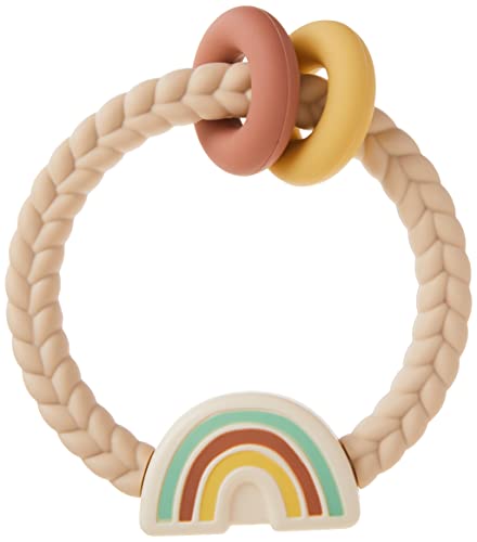 Itzy Ritzy Silicone Teether with Rattle; Features Rattle Sound, Two Silicone Rings and Raised Texture to Soothe Gums; Ages 3 Months and Up; Neutral Rainbow by AmazonUs/ITZAD