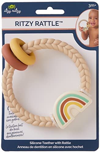 Itzy Ritzy Silicone Teether with Rattle; Features Rattle Sound, Two Silicone Rings and Raised Texture to Soothe Gums; Ages 3 Months and Up; Neutral Rainbow by AmazonUs/ITZAD