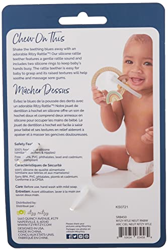 Itzy Ritzy Silicone Teether with Rattle; Features Rattle Sound, Two Silicone Rings and Raised Texture to Soothe Gums; Ages 3 Months and Up; Neutral Rainbow by AmazonUs/ITZAD