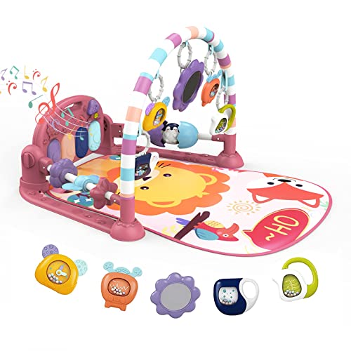 Baby Play Mat Baby Gym,Funny Play Piano Tummy Time Baby Activity Gym Mat with 5 Infant Learning Sensory Baby Toys, Music and Lights Boy & Girl Gifts for Newborn Baby 0 to 3 6 9 12 Months (New Pink) by dearlomum