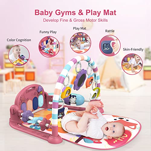 Baby Play Mat Baby Gym,Funny Play Piano Tummy Time Baby Activity Gym Mat with 5 Infant Learning Sensory Baby Toys, Music and Lights Boy & Girl Gifts for Newborn Baby 0 to 3 6 9 12 Months (New Pink) by dearlomum