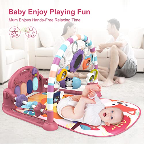 Baby Play Mat Baby Gym,Funny Play Piano Tummy Time Baby Activity Gym Mat with 5 Infant Learning Sensory Baby Toys, Music and Lights Boy & Girl Gifts for Newborn Baby 0 to 3 6 9 12 Months (New Pink) by dearlomum
