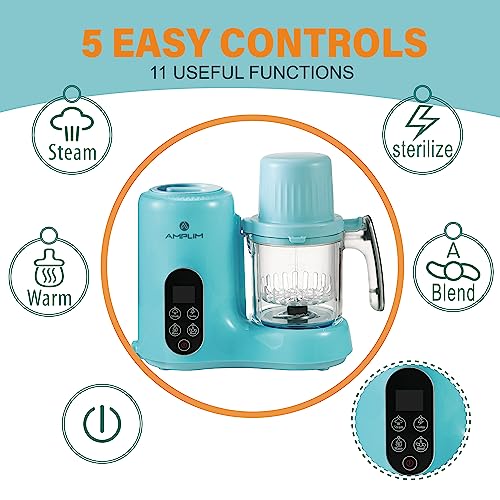 Amplim Baby Food Maker for Nutritious Homemade Meals | 11-in-1 Processor with Steam, Blend, Puree, Grinder, Chopper, Juicer, Defroster, Reheater, Cooker, Meal Station, and Bottle Sanitizer and Warmer by Amplim