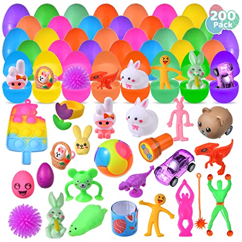 200 Pack Prefilled Easter Eggs with Miniature Novelty Toys, Mini Rabbit Dinosour Building Blocks and Easter Theme Assorted Toys Great for Kids Easter Party Favor, Easter Egg Hunt Supplies, Basket Stuffers Fillers from Cherislpy