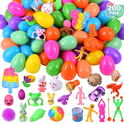 200 Pack Prefilled Easter Eggs with Miniature Novelty Toys, Mini Rabbit Dinosour Building Blocks and Easter Theme Assorted Toys Great for Kids Easter Party Favor, Easter Egg Hunt Supplies, Basket Stuffers Fillers from Cherislpy
