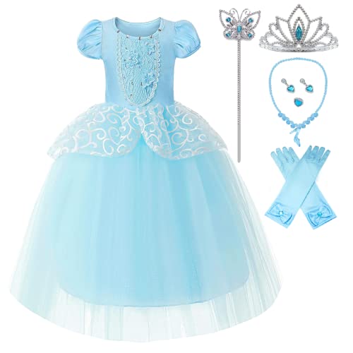 Princess Costume Cinderella Dresses for Girls Blue Dress Up Clothes Accessories for Toddler Girls Fancy Dress Birthday Party (140 6-7 Years) by 