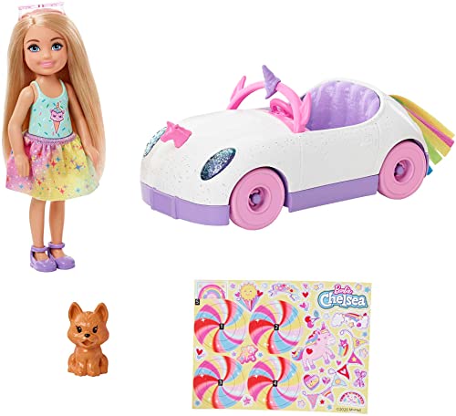 Barbie Club Chelsea Doll (6-inch Blonde) with Open-Top Rainbow Unicorn-Themed Car, Pet Puppy, Sticker Sheet & Accessories, Gift for 3 to 7 Year Olds from Mattel