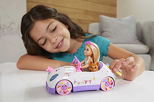 Barbie Club Chelsea Doll (6-inch Blonde) with Open-Top Rainbow Unicorn-Themed Car, Pet Puppy, Sticker Sheet & Accessories, Gift for 3 to 7 Year Olds from Mattel