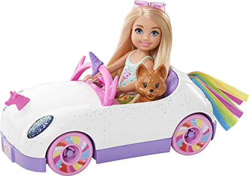 Barbie Club Chelsea Doll (6-inch Blonde) with Open-Top Rainbow Unicorn-Themed Car, Pet Puppy, Sticker Sheet & Accessories, Gift for 3 to 7 Year Olds from Mattel