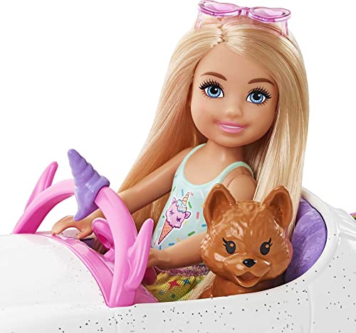 Barbie Club Chelsea Doll (6-inch Blonde) with Open-Top Rainbow Unicorn-Themed Car, Pet Puppy, Sticker Sheet & Accessories, Gift for 3 to 7 Year Olds from Mattel