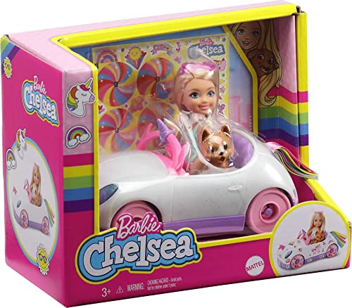 Barbie Club Chelsea Doll (6-inch Blonde) with Open-Top Rainbow Unicorn-Themed Car, Pet Puppy, Sticker Sheet & Accessories, Gift for 3 to 7 Year Olds from Mattel