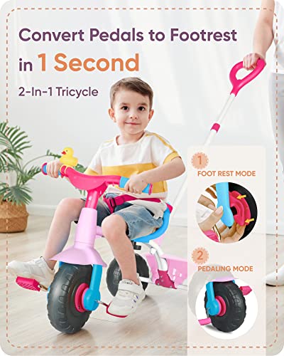 KRIDDO 2 in 1 Kids Tricycles Age 18 Month to 3 Years, Gift Toddler Tricycle, Trikes for Toddlers 2 to 3 Year Old with Push Handle and Duck Bell, Pinky from LFUN