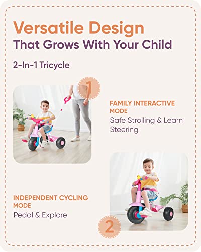 KRIDDO 2 in 1 Kids Tricycles Age 18 Month to 3 Years, Gift Toddler Tricycle, Trikes for Toddlers 2 to 3 Year Old with Push Handle and Duck Bell, Pinky from LFUN