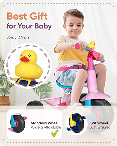 KRIDDO 2 in 1 Kids Tricycles Age 18 Month to 3 Years, Gift Toddler Tricycle, Trikes for Toddlers 2 to 3 Year Old with Push Handle and Duck Bell, Pinky from LFUN