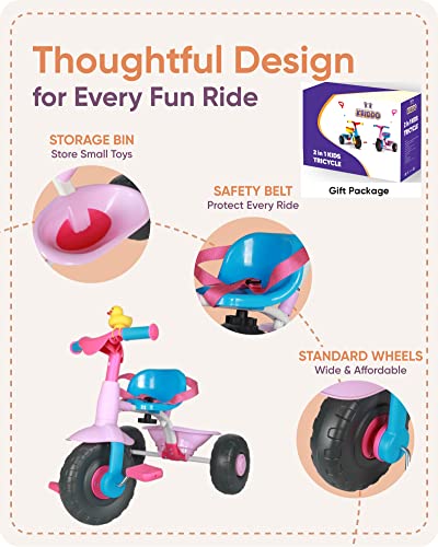 KRIDDO 2 in 1 Kids Tricycles Age 18 Month to 3 Years, Gift Toddler Tricycle, Trikes for Toddlers 2 to 3 Year Old with Push Handle and Duck Bell, Pinky from LFUN
