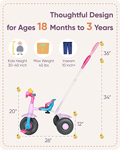 KRIDDO 2 in 1 Kids Tricycles Age 18 Month to 3 Years, Gift Toddler Tricycle, Trikes for Toddlers 2 to 3 Year Old with Push Handle and Duck Bell, Pinky from LFUN