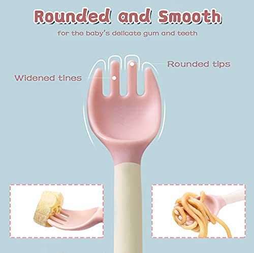 Toddler Utensils with travel case, Baby spoon and fork set for self-feeding Learning Bendable handle silverware for kid children (pink) by NeigeTec
