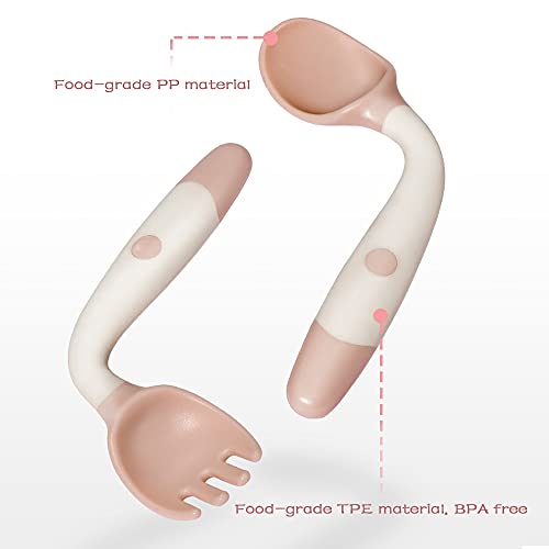 Toddler Utensils with travel case, Baby spoon and fork set for self-feeding Learning Bendable handle silverware for kid children (pink) by NeigeTec