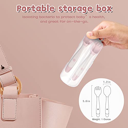 Toddler Utensils with travel case, Baby spoon and fork set for self-feeding Learning Bendable handle silverware for kid children (pink) by NeigeTec