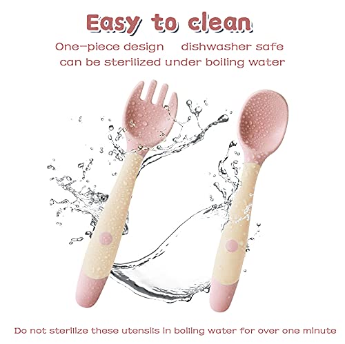 Toddler Utensils with travel case, Baby spoon and fork set for self-feeding Learning Bendable handle silverware for kid children (pink) by NeigeTec