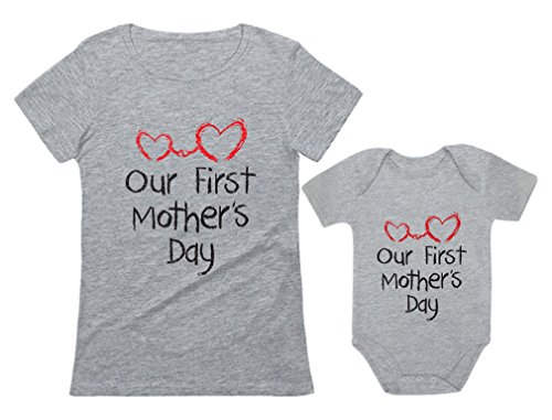 Our First Mother's Day Outfit for Mom & Baby Matching Set Bodysuit & Women Shirt Mom Gray Large/Baby Gray Newborn (0-3M) from 