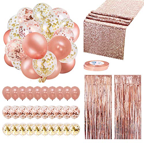 Rose Gold Balloons Party Decorations Supplies Set 35 Pack Include 30 Balloons, 2 Foil Fringe Curtains, 1 Rose Gold Sequin Table Runner, 2 Foil Ribbon for Birthday Party, Wedding,Xmas New Year Festival from TOOSCI