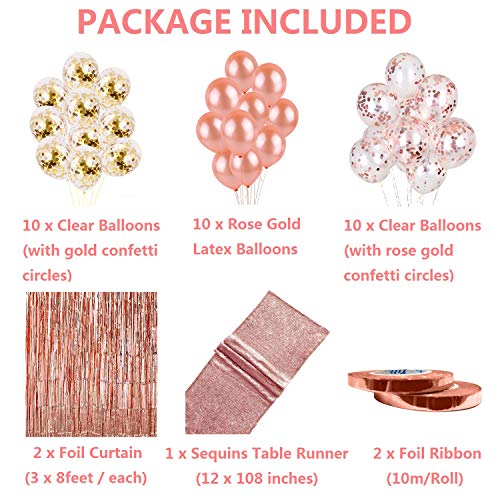 Rose Gold Balloons Party Decorations Supplies Set 35 Pack Include 30 Balloons, 2 Foil Fringe Curtains, 1 Rose Gold Sequin Table Runner, 2 Foil Ribbon for Birthday Party, Wedding,Xmas New Year Festival from TOOSCI